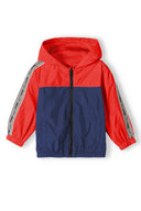 Boys windbreaker coat in red and navy two-tone with striped sleeves