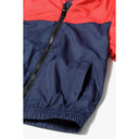 Boys red and navy windbreaker coat with hood, elastic cuffs, front zip, and side pocket.