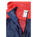 Boys red and navy windbreaker coat with hood, mesh lining, and black zipper.