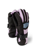 Black and lavender waterproof ski gloves with blue mesh back panels