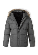 Dark gray padded jacket with faux fur trim hood