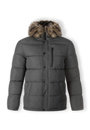 Dark gray padded jacket with faux fur trim hood