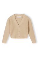 Girls beige knitted cardigan with buttons, ribbed knit and V-neckline