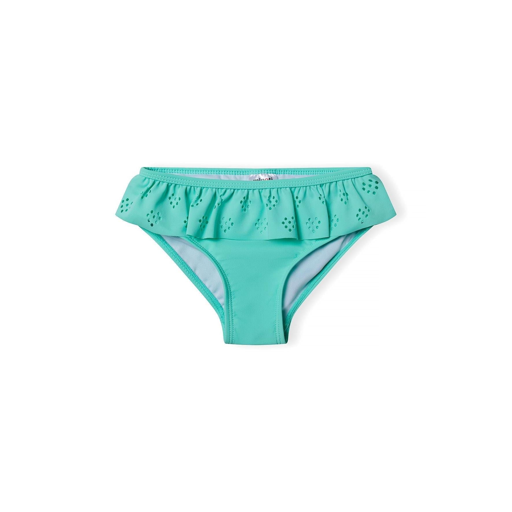 Mint green bikini bottom with eyelet ruffle trim detail shown from front view on white background