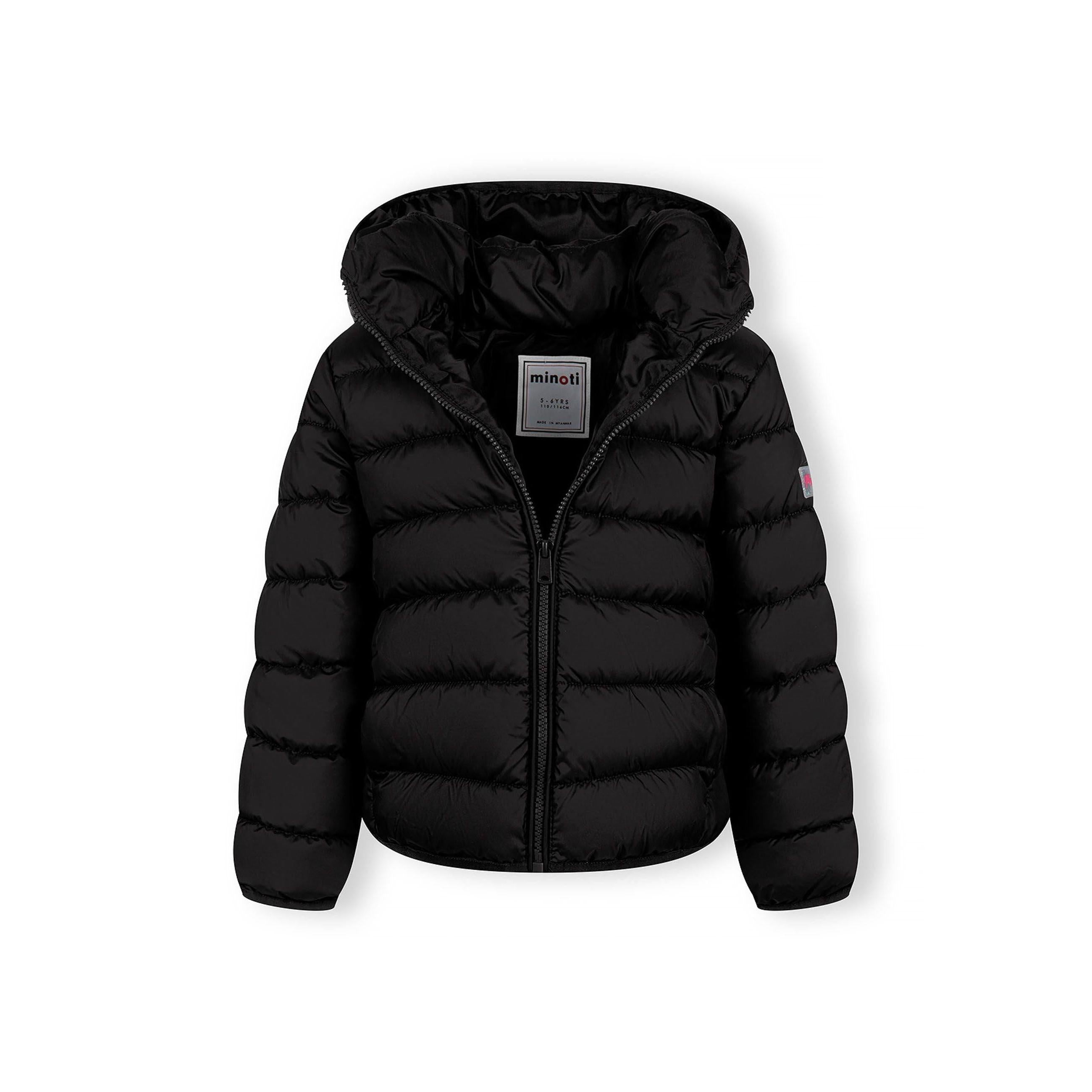 Black quilted jacket laid flat showing full zip front, detachable hood and Minoti label detail