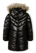 Girls black shiny winter coat with fleece and faux fur