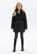 Girls black quilted winter jacket with fur-lined hood and silver zipper