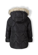 Girls black quilted puffer coat with beige fur-lined hood