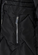 Girls black quilted winter jacket with fur hood and silver zipper