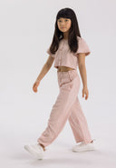 Girls clothing set blouse and wide leg trousers pink 3-14y, featuring a cropped blouse with buttons, flared sleeves, and relaxed wide-leg trousers with elasticated waistband. 