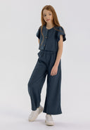 Girls clothing set frill sleeve blouse wide leg trousers blue 3-14y with flared sleeves and comfortable wide-leg fit.