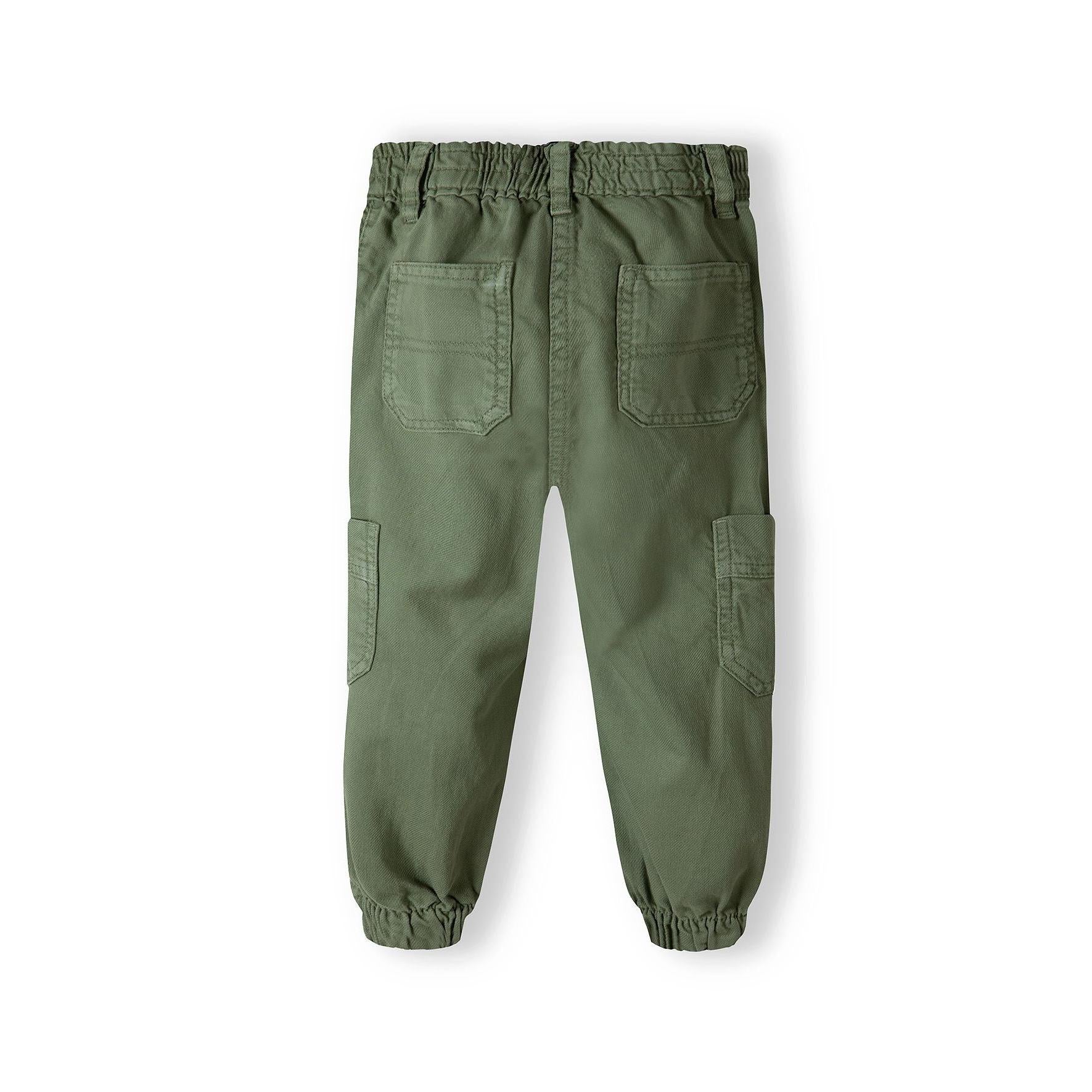 Back view of khaki cargo trousers showing rear pockets and elasticated waistband on white background
