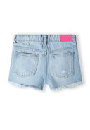 Light blue girls denim short with frayed hem and pink tag