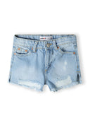 Light blue girls denim short with frayed hem and distressed details