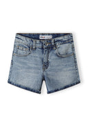 Girls denim shorts high waist wide leg navy 2-14y. High-waisted denim shorts in a light wash with a sleek cut for comfort.
