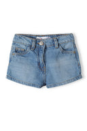 Light-wash girls denim shorts with relaxed fit and five-pocket design