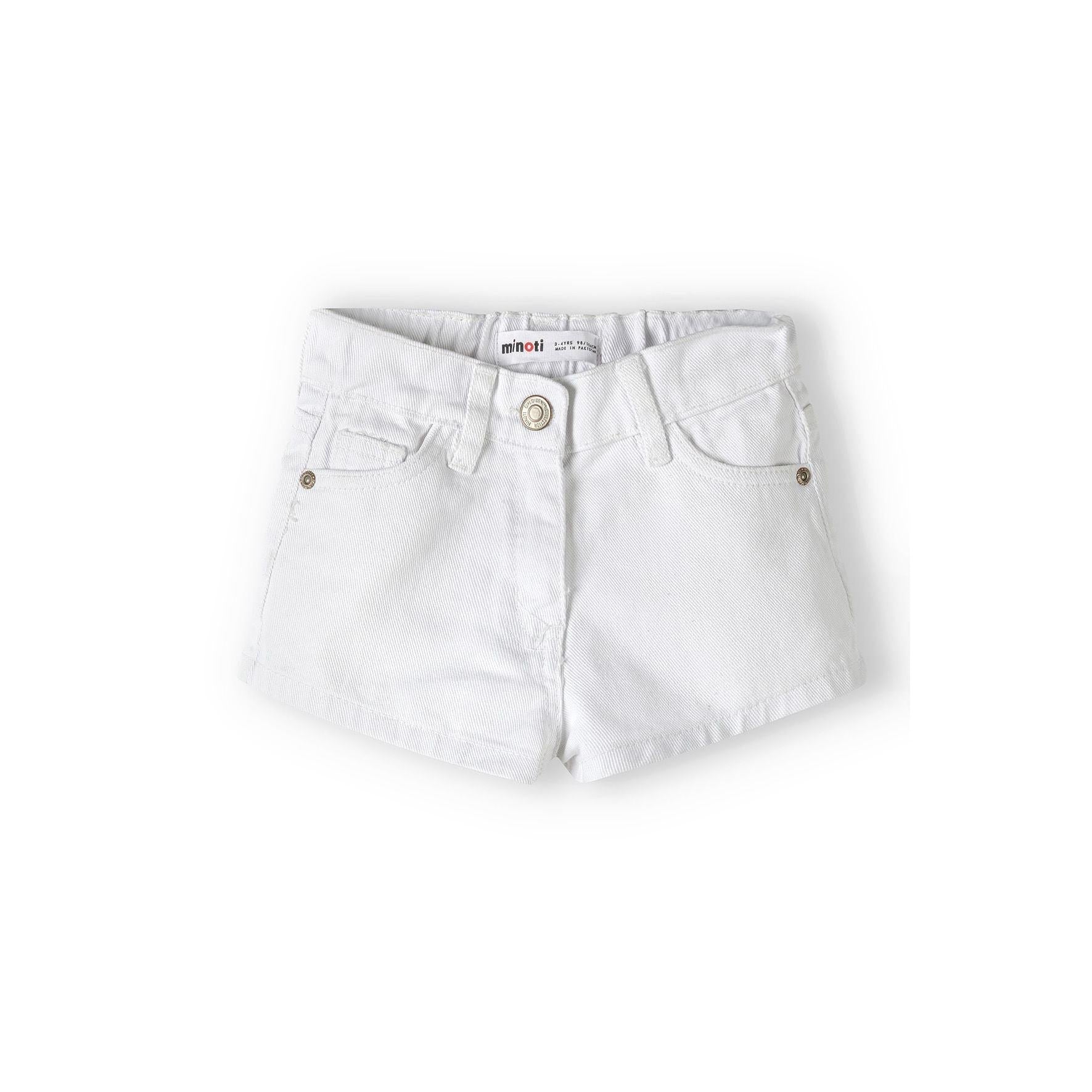 Front view of white denim shorts with Minoti label showing five-pocket design and button fastening on white background