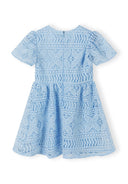 Flared sleeve blue lace girls dress with circle skirt, perfect for ages 3-14y. Elegant design with fitted waist for shape.