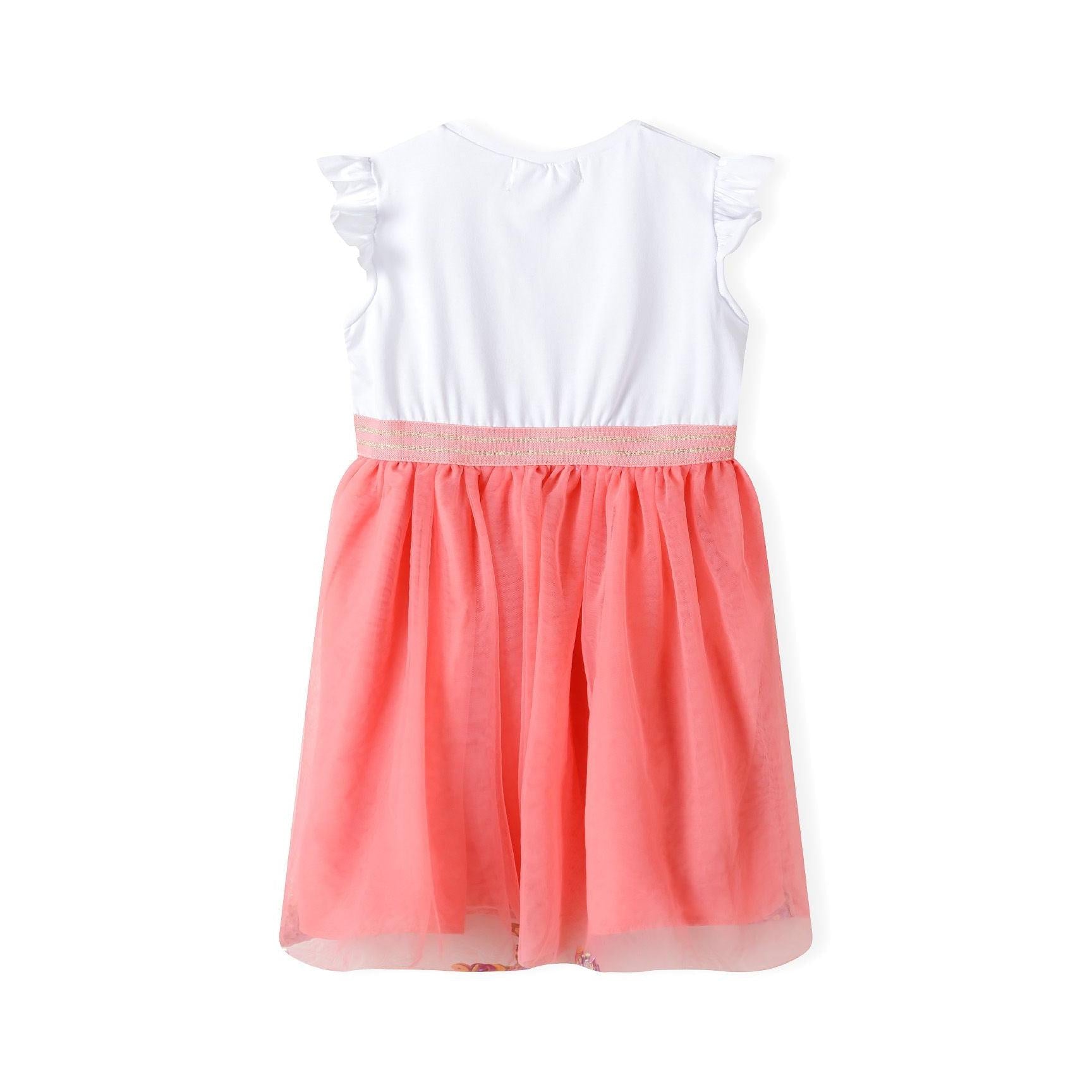 Flat lay of coral and white dress showing frill sleeves and layered mesh skirt detail on white background