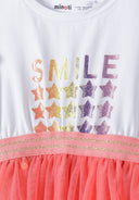 Girls dress in white and coral with frill cap sleeves, rainbow smile glitter, star pattern, pink sequin waistband