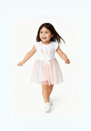 Girls white dress with frill sleeves bow and pastel rainbow tulle skirt