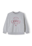 Girls fleece crew neck sweatshirt with print grey 3-14y featuring decorative Cannes graphic and soft cotton fleece fabric.