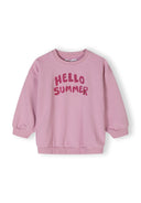 Girls fleece crew with print lilac 1-8y in soft pink fabric featuring 'HELLO SUMMER' design. Cozy and stylish for kids.
