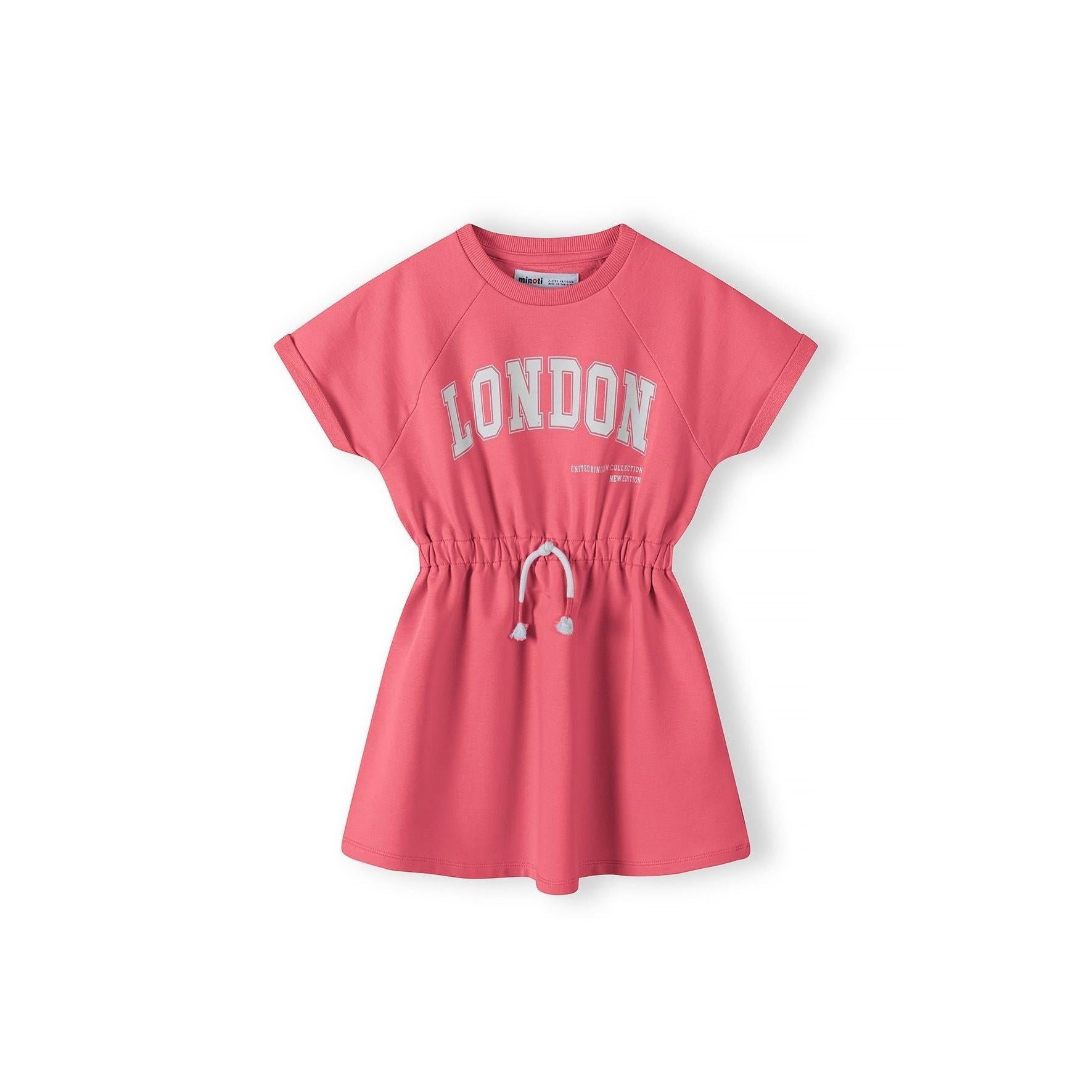 Pink fleece dress laid flat showing back view, elasticated waist detail, short sleeves against white background