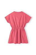 Girls fleece dress in coral pink with London graphic, soft pink short-sleeved gathered waist