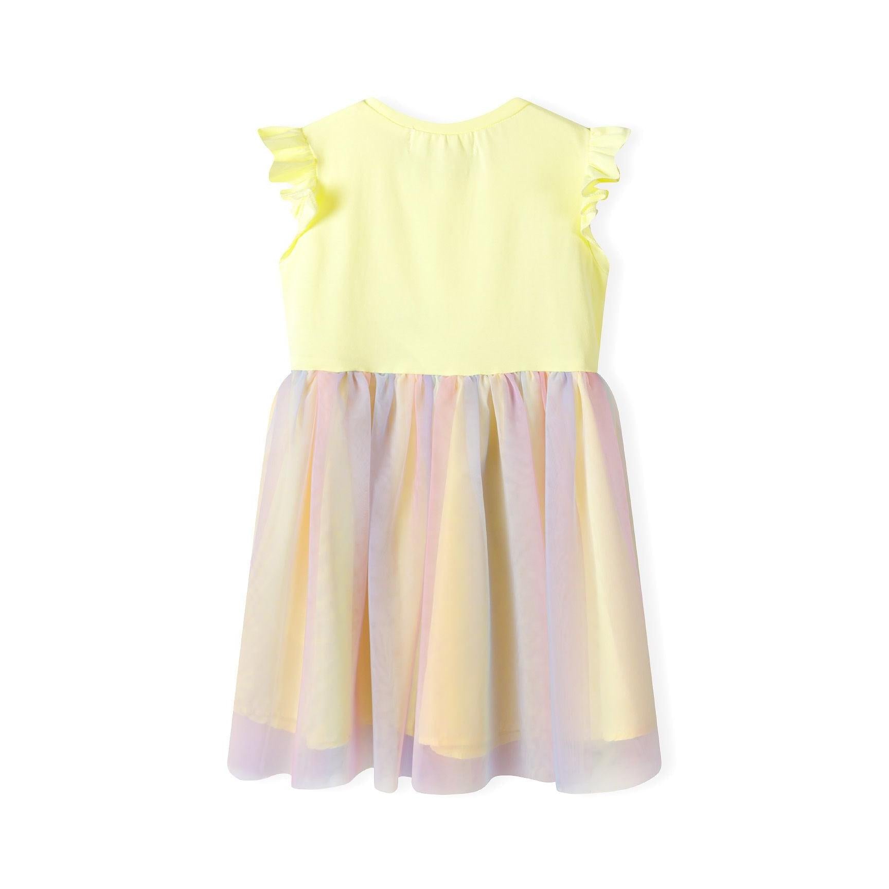 Back view of yellow dress showing frill cap sleeves and layered pastel rainbow mesh tulle skirt on white background