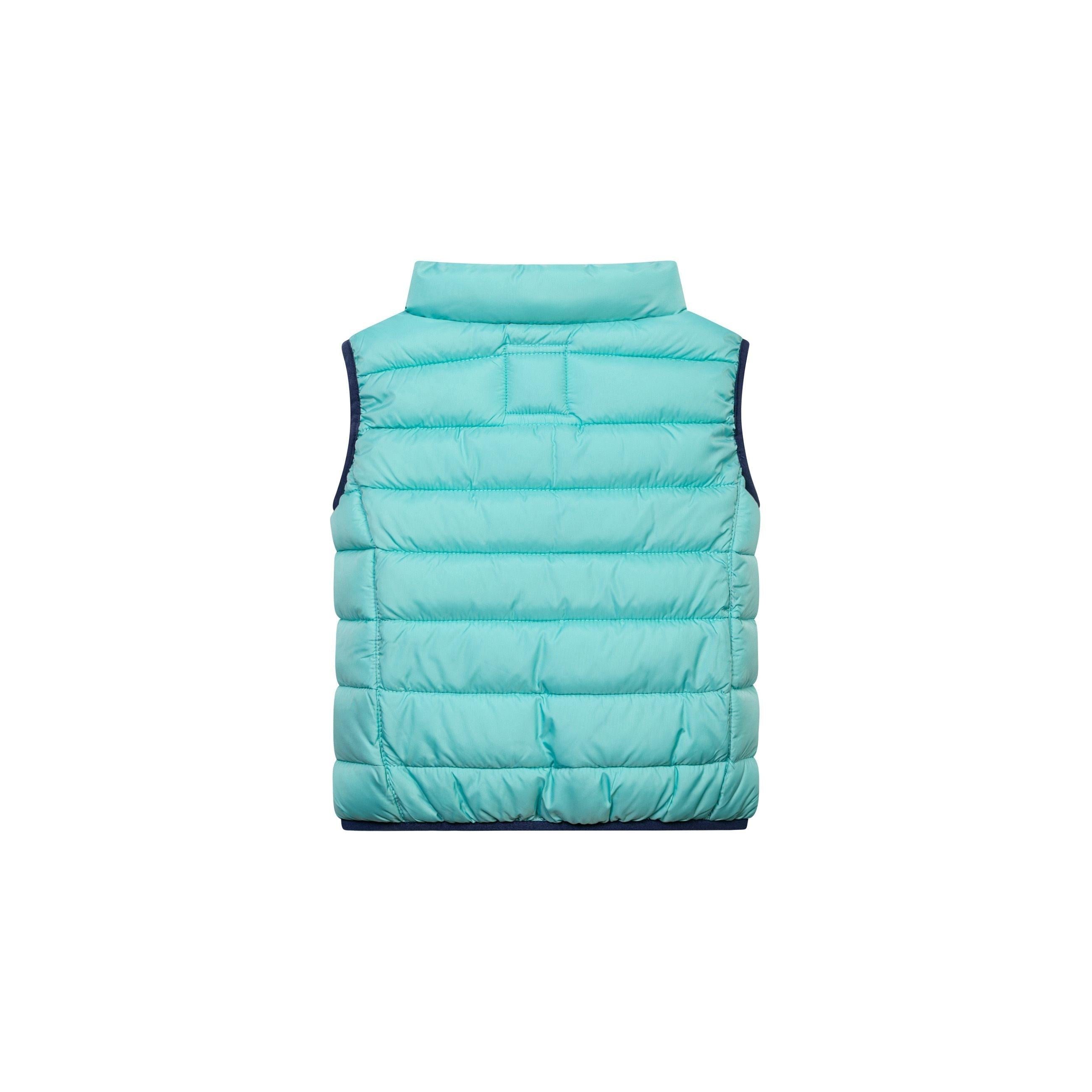 Back view of mint quilted gilet showing horizontal quilted panels and sleeveless design on white background
