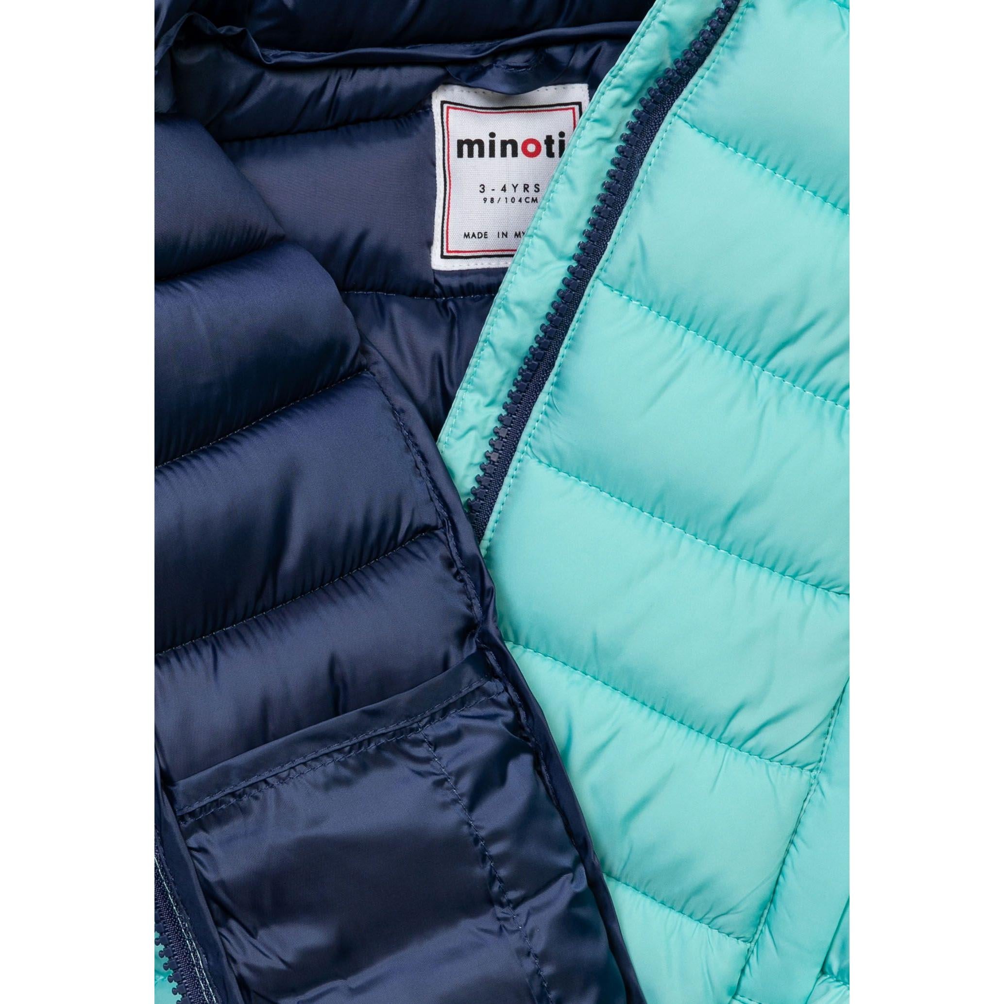 Close-up detail of open mint gilet showing contrast navy blue quilted interior lining and Minoti brand label