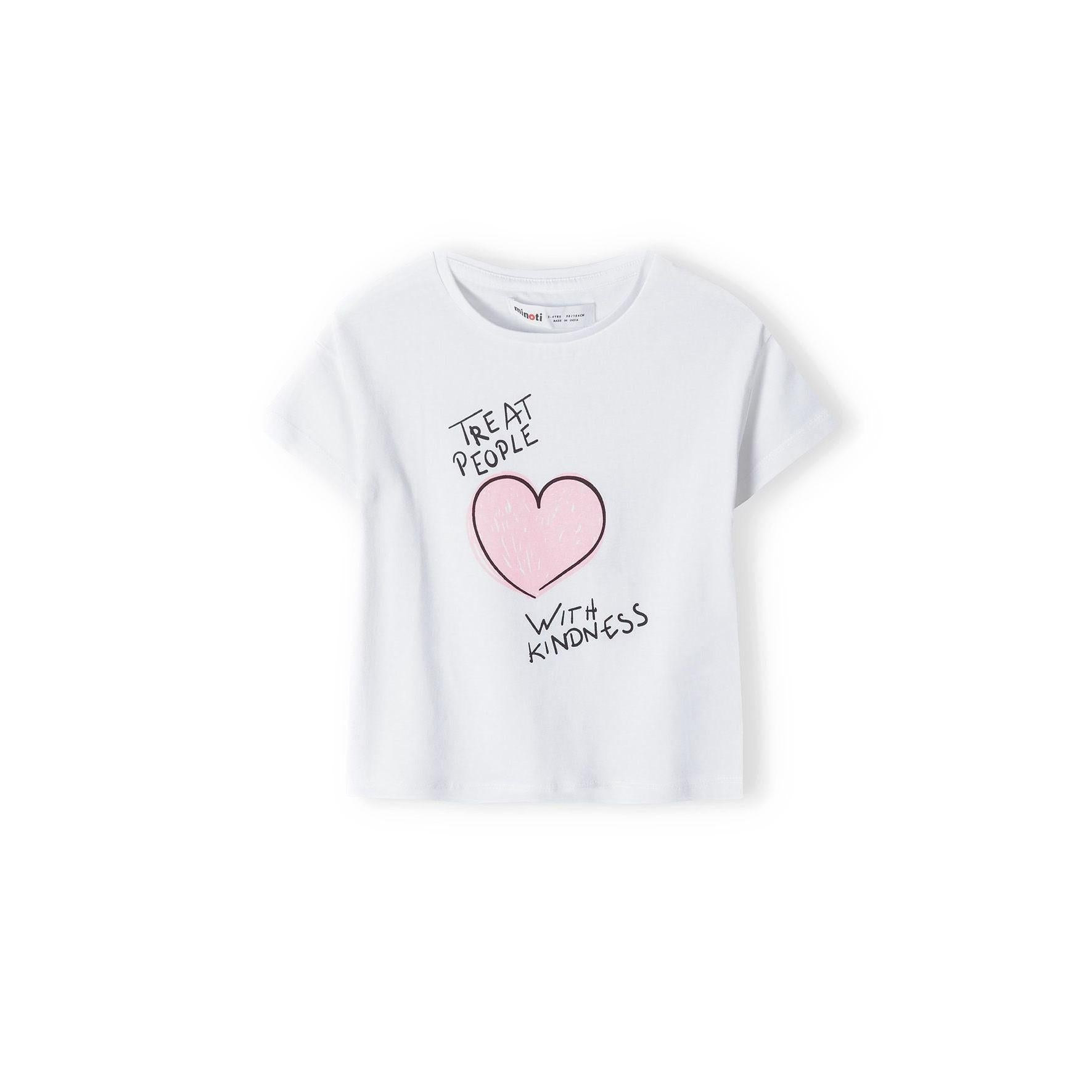 White short sleeve t-shirt with 'Treat People With Kindness' text and pink heart graphic displayed on white background