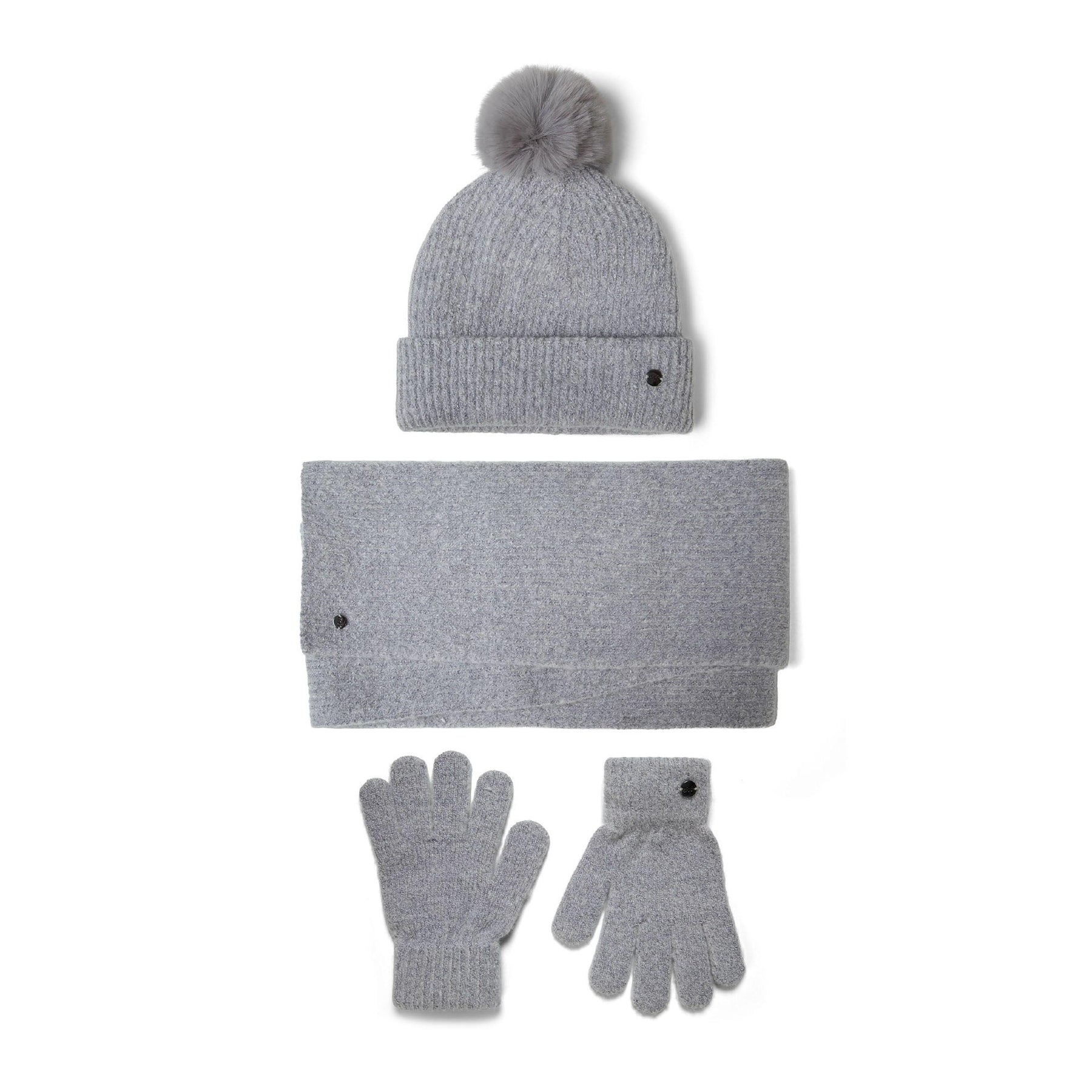 Pair of grey ribbed knit gloves with small black badge detail, displayed flat against white background