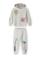 Girls hooded tracksuit cream graffiti style set with flowers and hearts