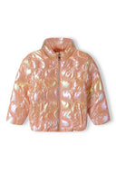 Shimmering girls jacket quilted funnel neck coral puffer with iridescent finish
