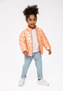 Shiny coral girls jacket quilted with funnel neck puffer design