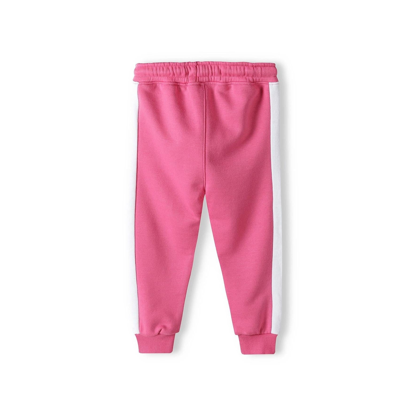 Back view of pink sweatpants showing elasticated waistband and ribbed cuffs on white background