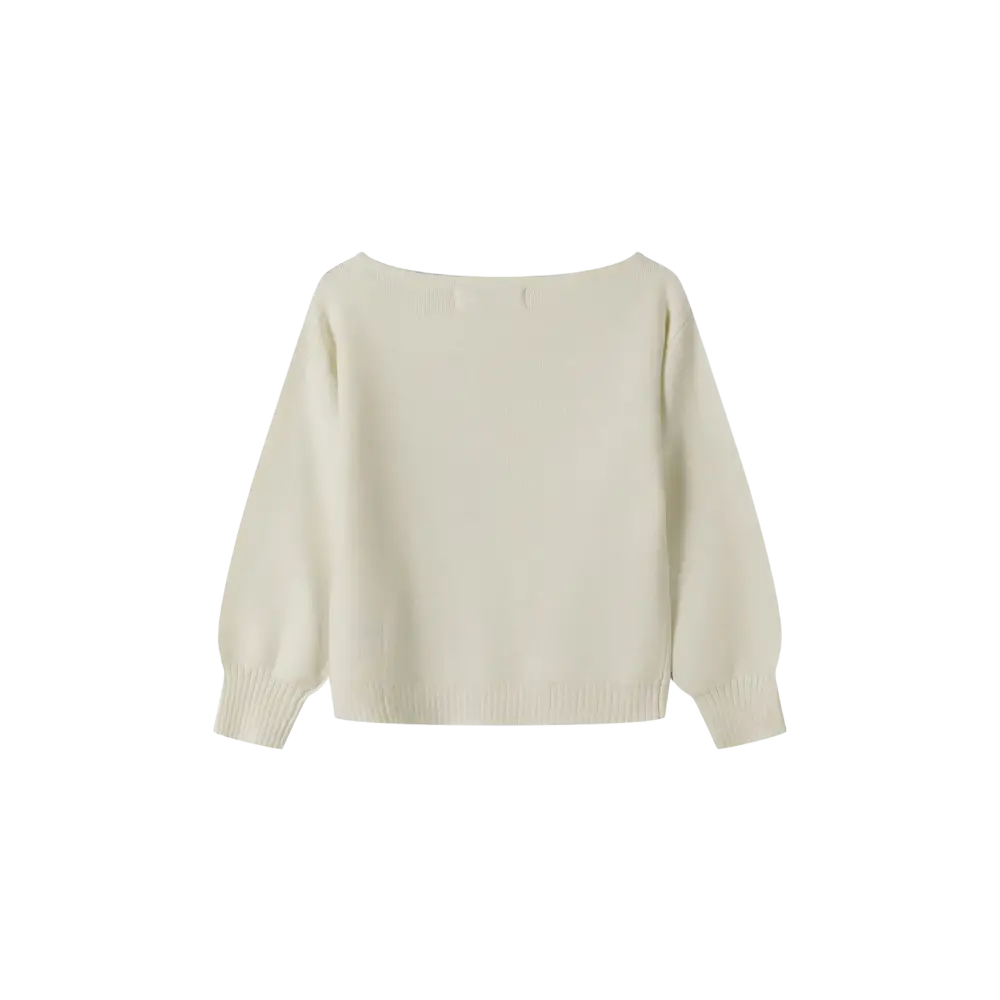 Cream textured knit jumper laid flat showing boat neckline, long sleeves and ribbed cuffs against black background