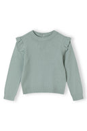 Girls jumper frill sleeves in soft sage green knit with ruffled shoulders