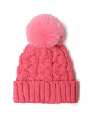 Vibrant pink girls knitted cable beanie with fluffy pom pom