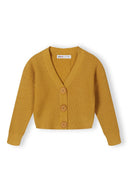 Girls button front knitted cardigan mustard yellow ribbed knit with wooden buttons