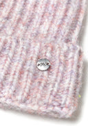 Multicolour light pink knitted yarn hat with soft texture and metal badge, ideal for girls aged 2-14 years. 