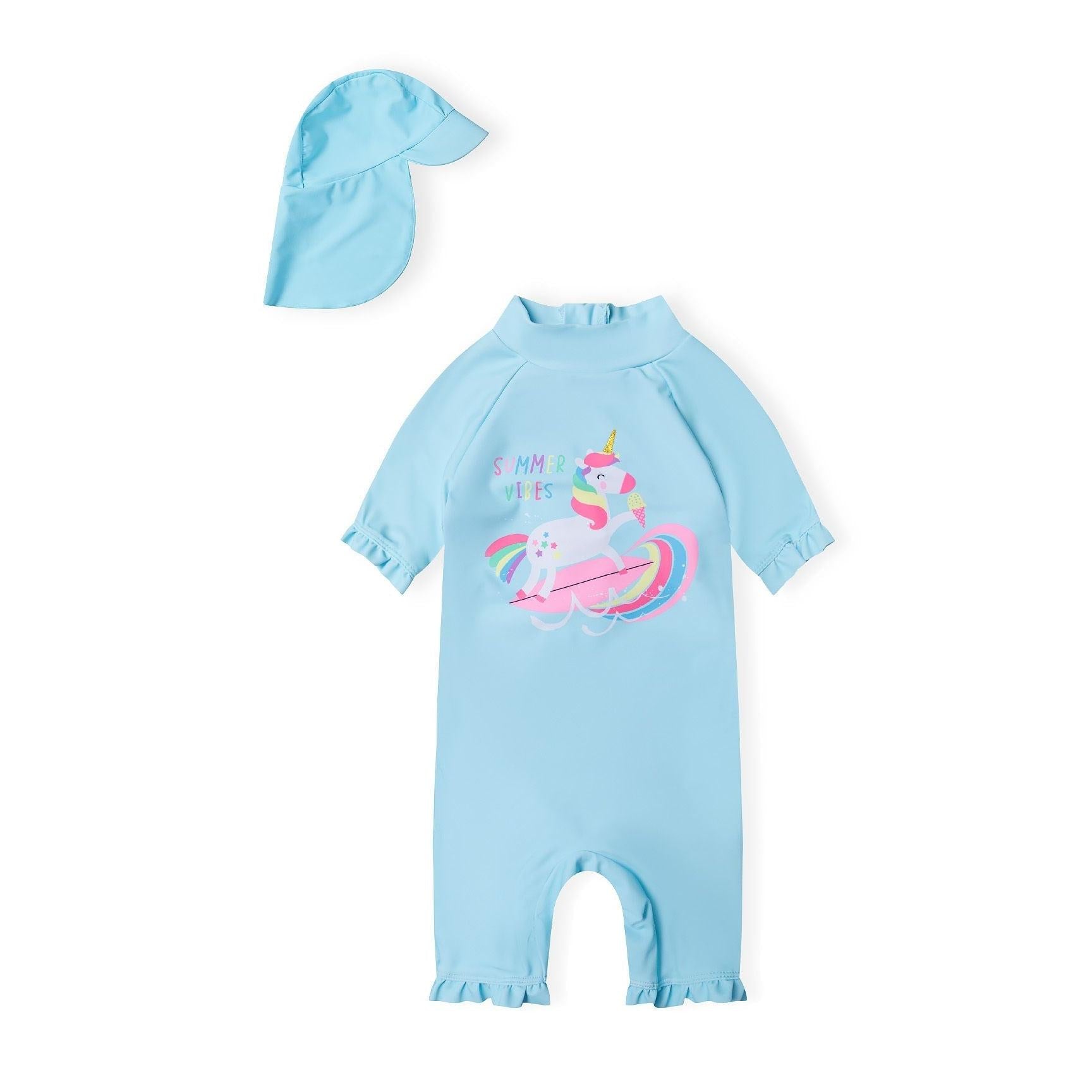 Light blue rash suit laid flat showing back view with zip closure and ruffle trim details on sleeves and legs