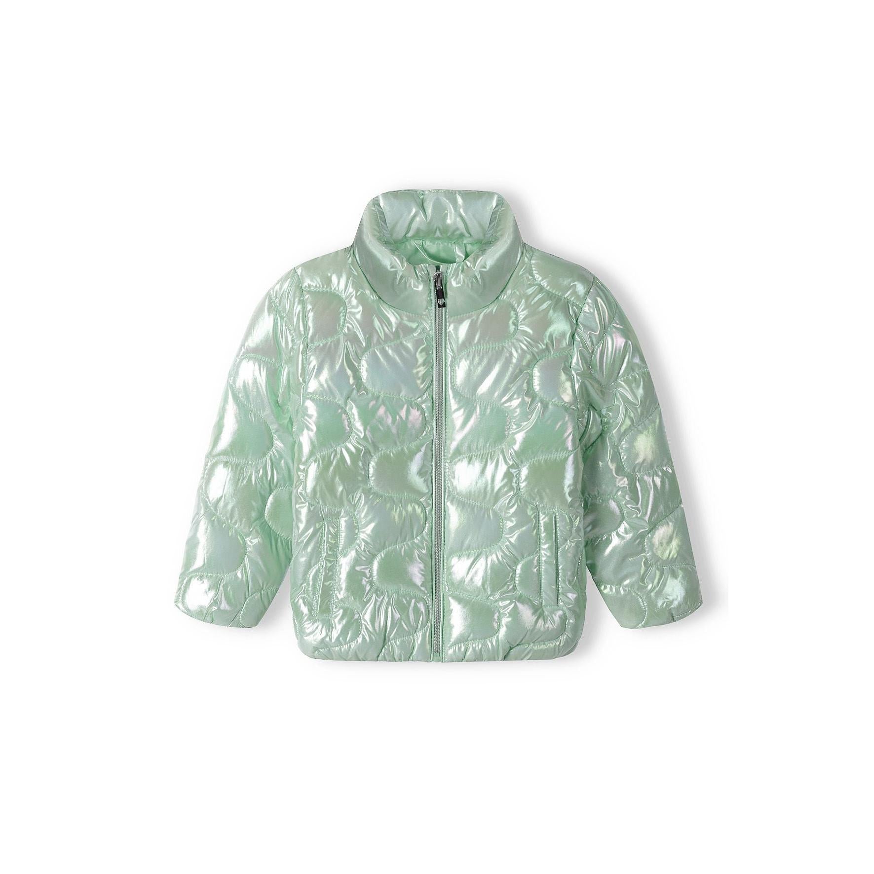 Back view of mint green quilted jacket showing diamond quilted pattern and high neck collar on white background