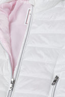 Girls light padded white quilted puffer jacket with pink lining and silver zippers