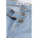 Close-up detail of light blue denim showing Minoti label, silver button closure and orange contrast stitching