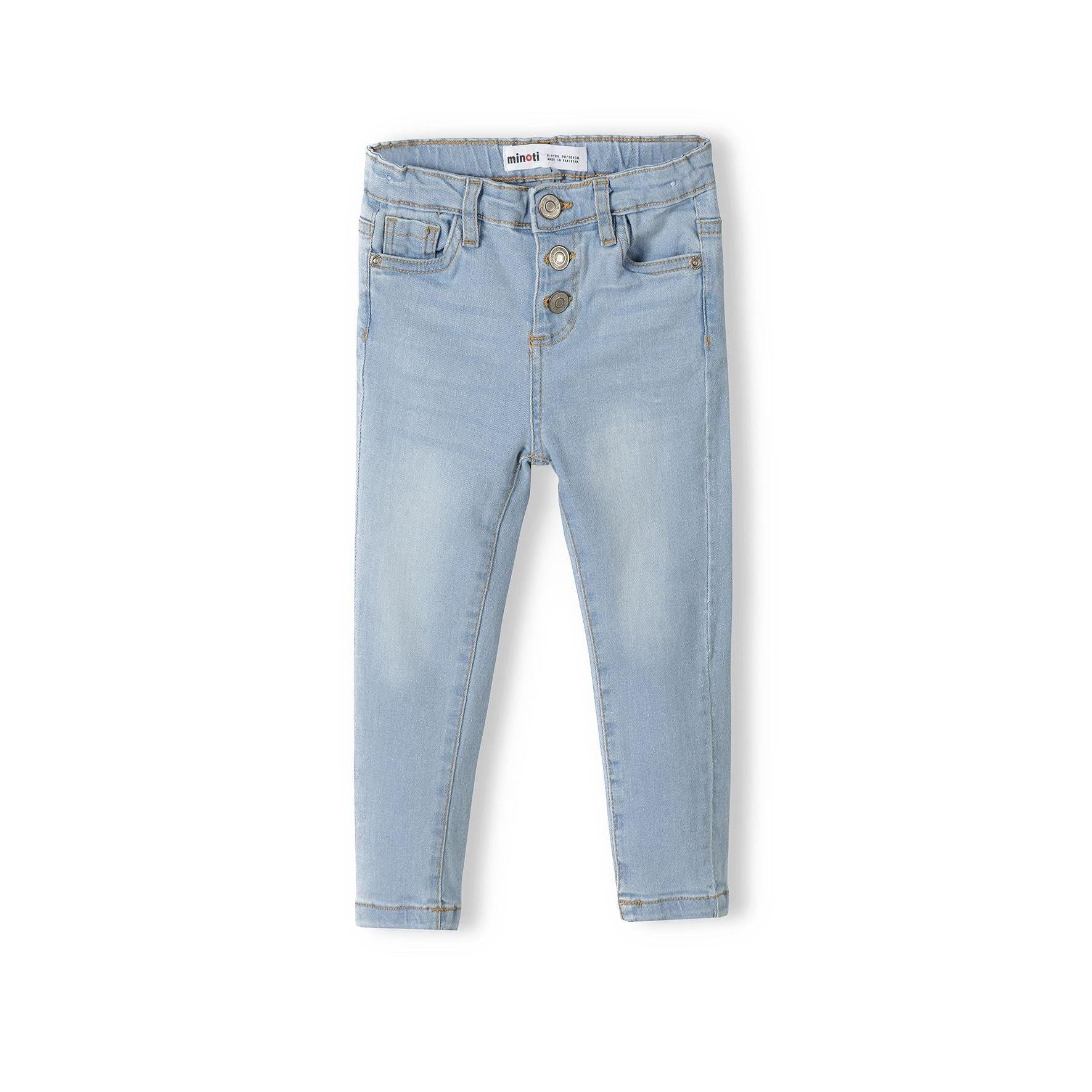 Light blue skinny jeans front view on white background showing four-button closure and adjustable waist with Minoti label