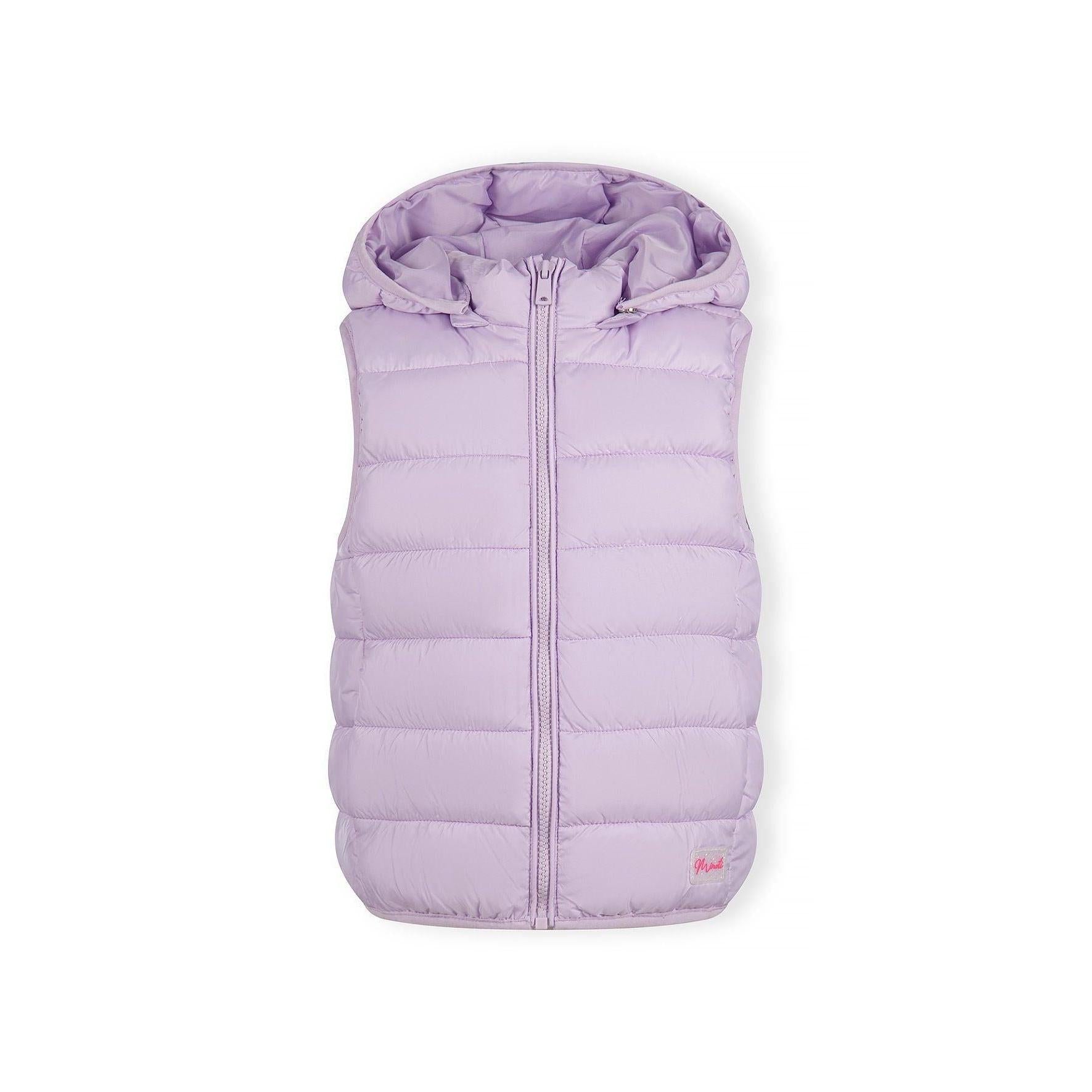 Close-up detail of lilac quilted fabric texture showing stitching pattern and Minoti brand label with glitter finish