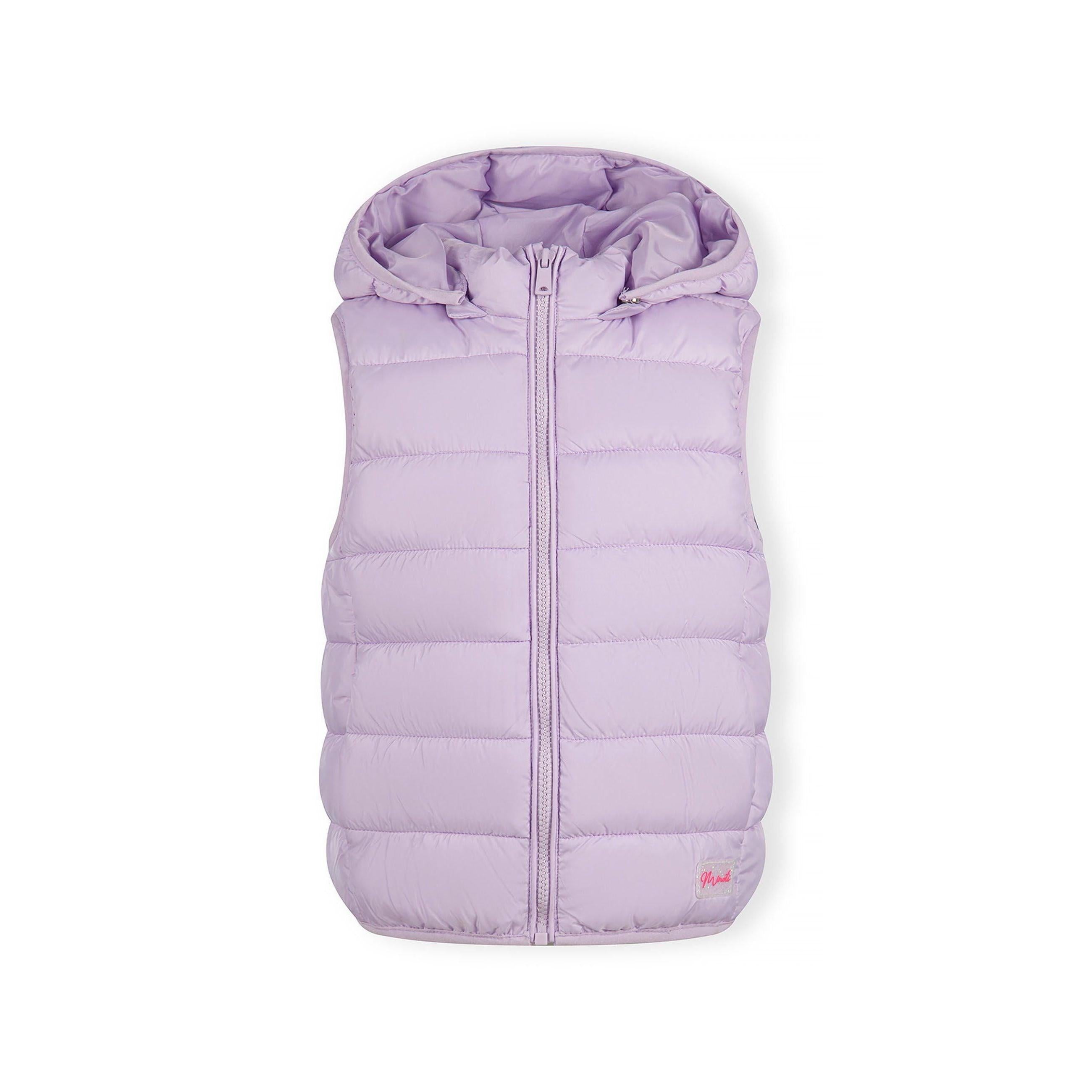 Lilac quilted gilet with detachable hood laid flat on white background, showing full zip closure and padded construction